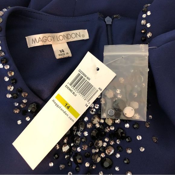 Maggy London Evening Blue Cap Sleeve Rhinestone Neckline Sheath Dress NWT 14 - Picture 10 of 14